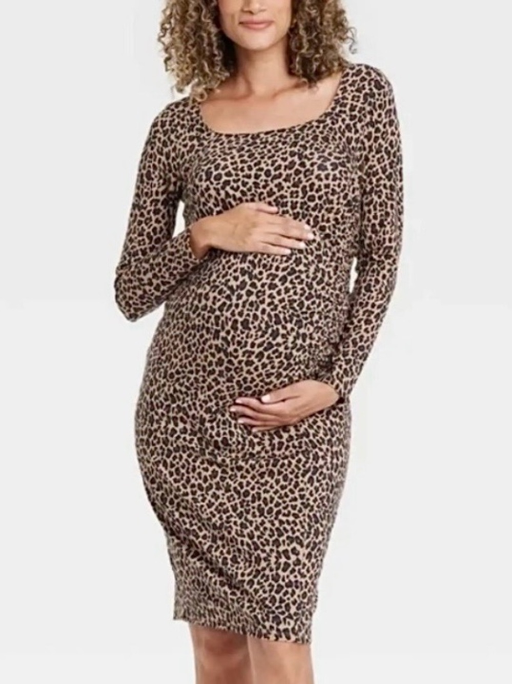 NWT Isabel Maternity Leopard Print Midi Dress Size XS Brown Long Sleeve Bodycon